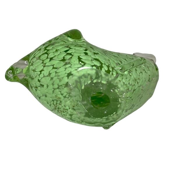 Hand Blown Glass Frog Paperweight Green and Clear Speckle Swirl Design - Picture 3 of 10